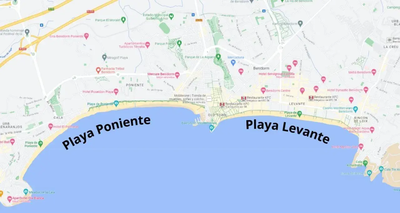 Mapa de Benidorm mostrando la Playa de Poniente y la Playa de Levante, la mejor playa de Benidorm.