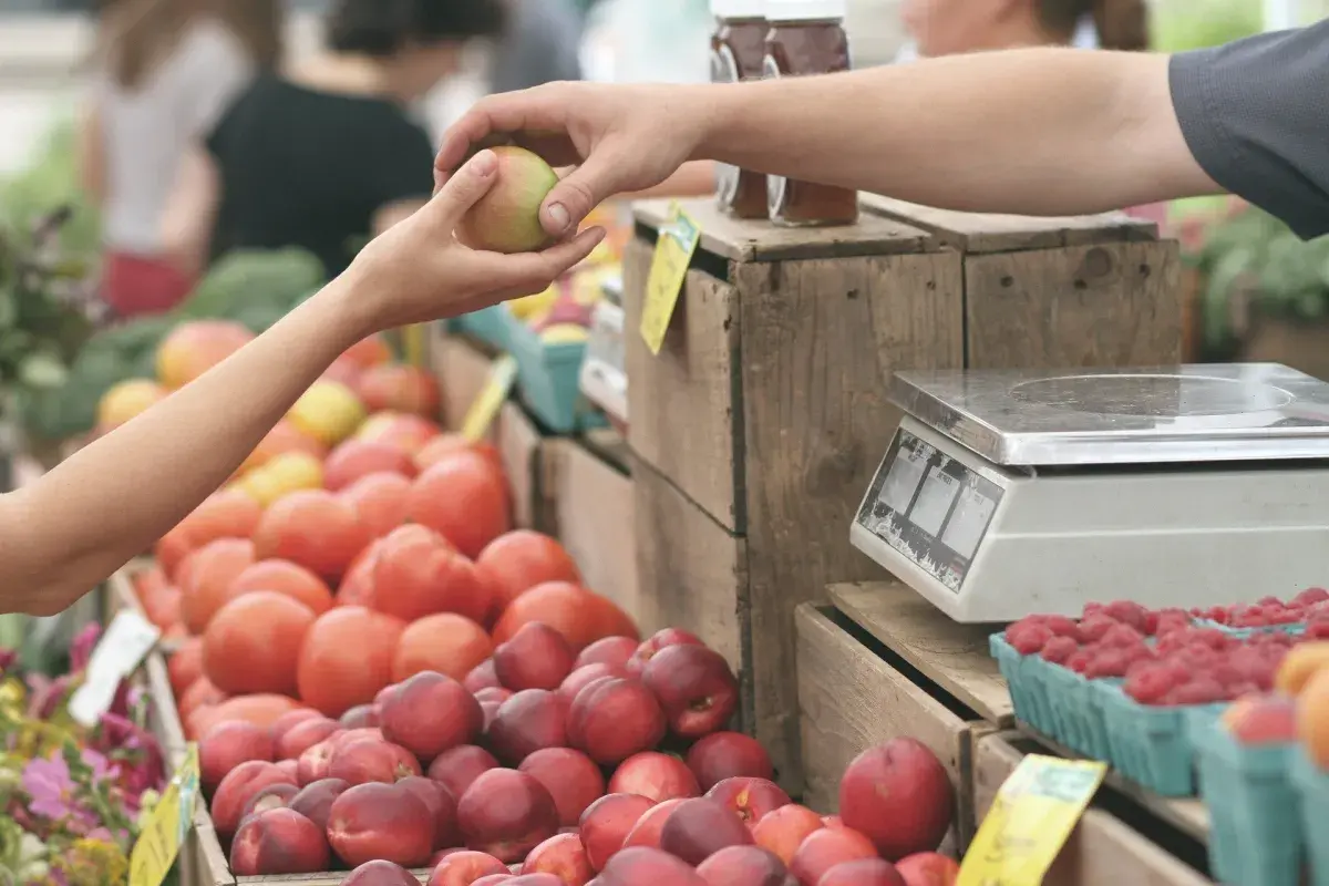 Manos intercambian una manzana en un mercadillo de oliva. Tomates, frambuesas y melocotones esperan ser pesados.