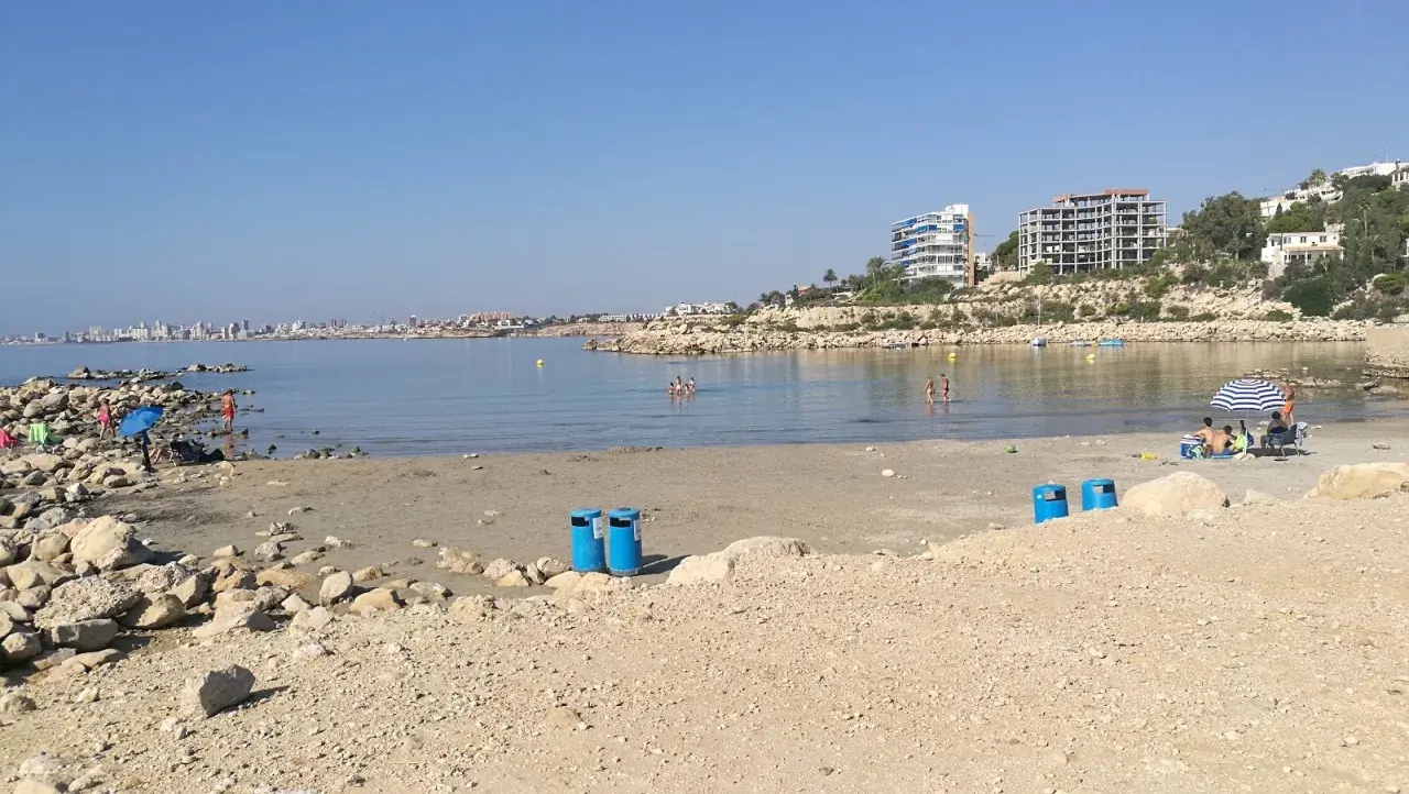 Día soleado en la cala Morro Blanc. Gente disfrutando del mar y la playa, con edificios modernos al fondo.