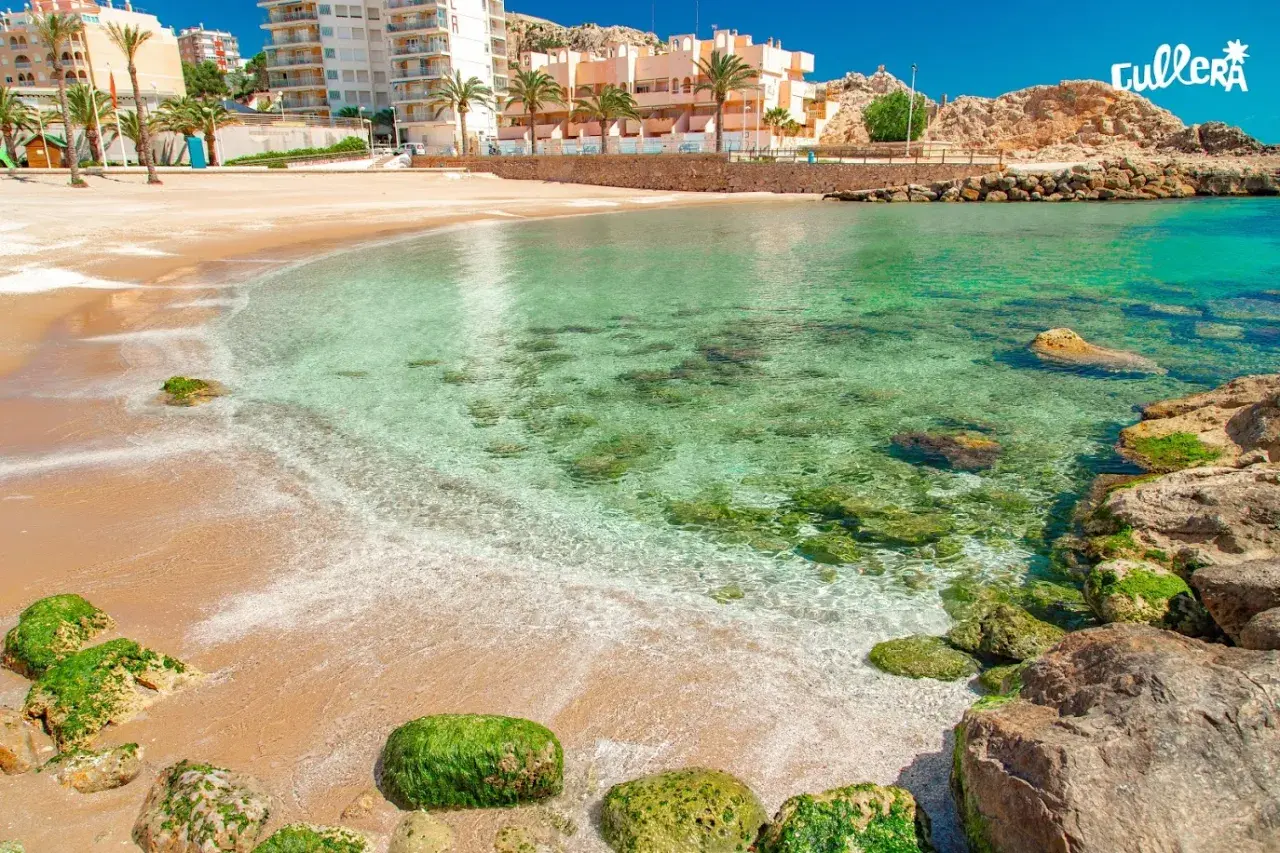 Aguas cristalinas y arena dorada en la cullera playa, con edificios y palmeras al fondo.