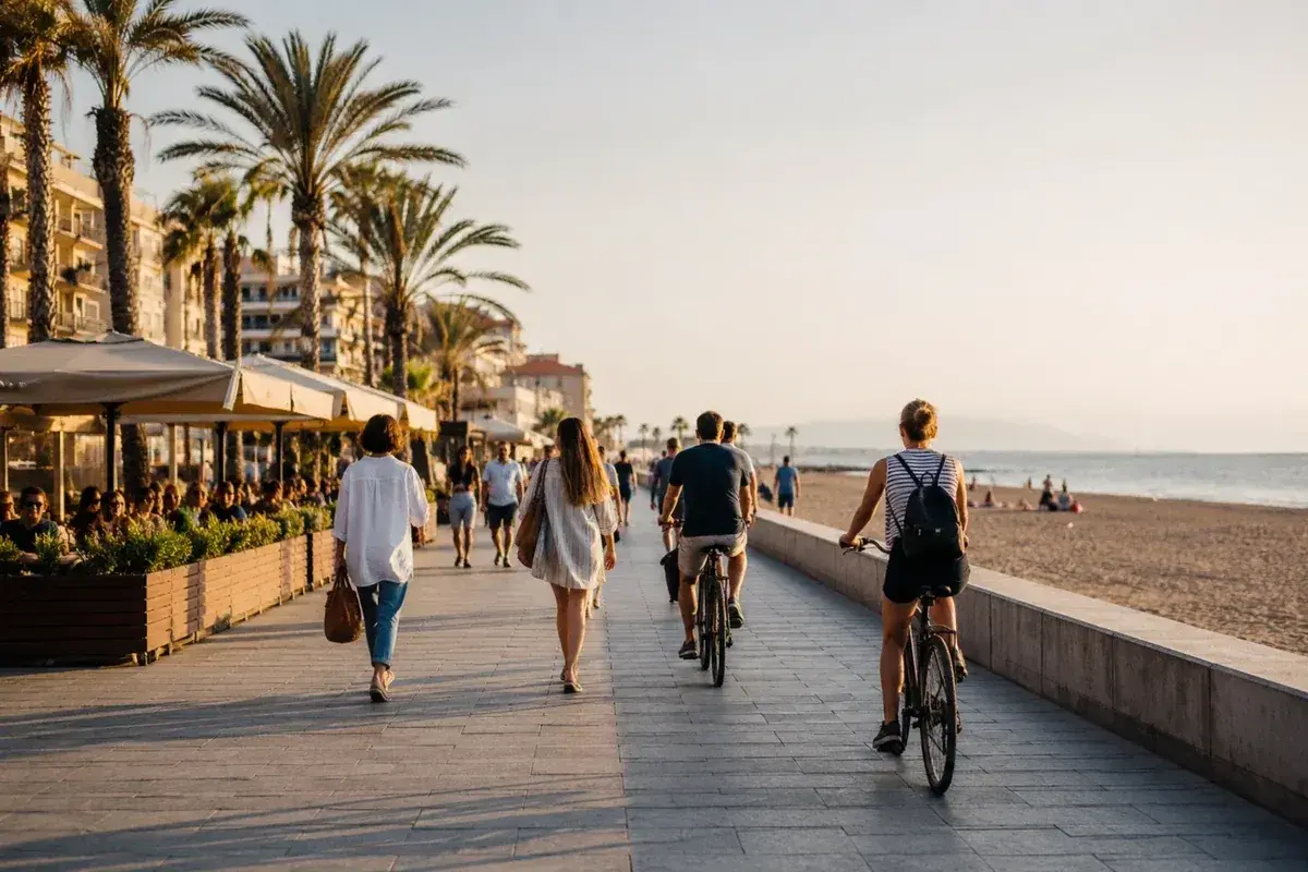 Gente pasea y monta en bicicleta por el paseo marítimo de la playa de la Patacona al atardecer, con palmeras y edificios al fondo.