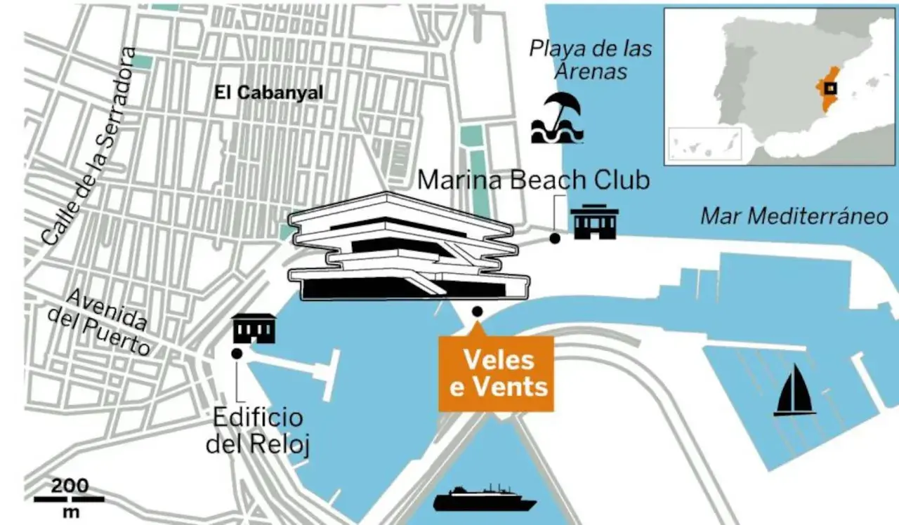 Mapa de Valencia: El Cabanyal, Playa de las Arenas, Marina Beach Club y el edificio Veles e Vents junto al Mar Mediterráneo.
