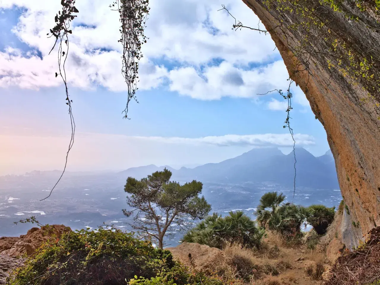Vista desde el Forat de Bernia, con vegetación colgante y un paisaje montañoso al fondo.