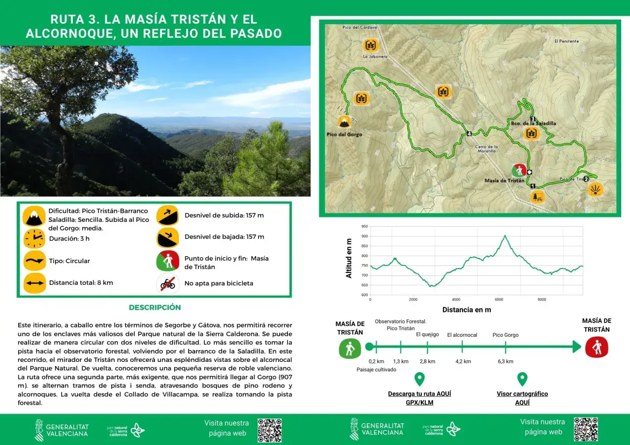 Ruta circular de 8 km en la Sierra Calderona, con inicio en Masía de Tristán. Ofrece vistas del alcornocal y paisajes de roble valenciano.