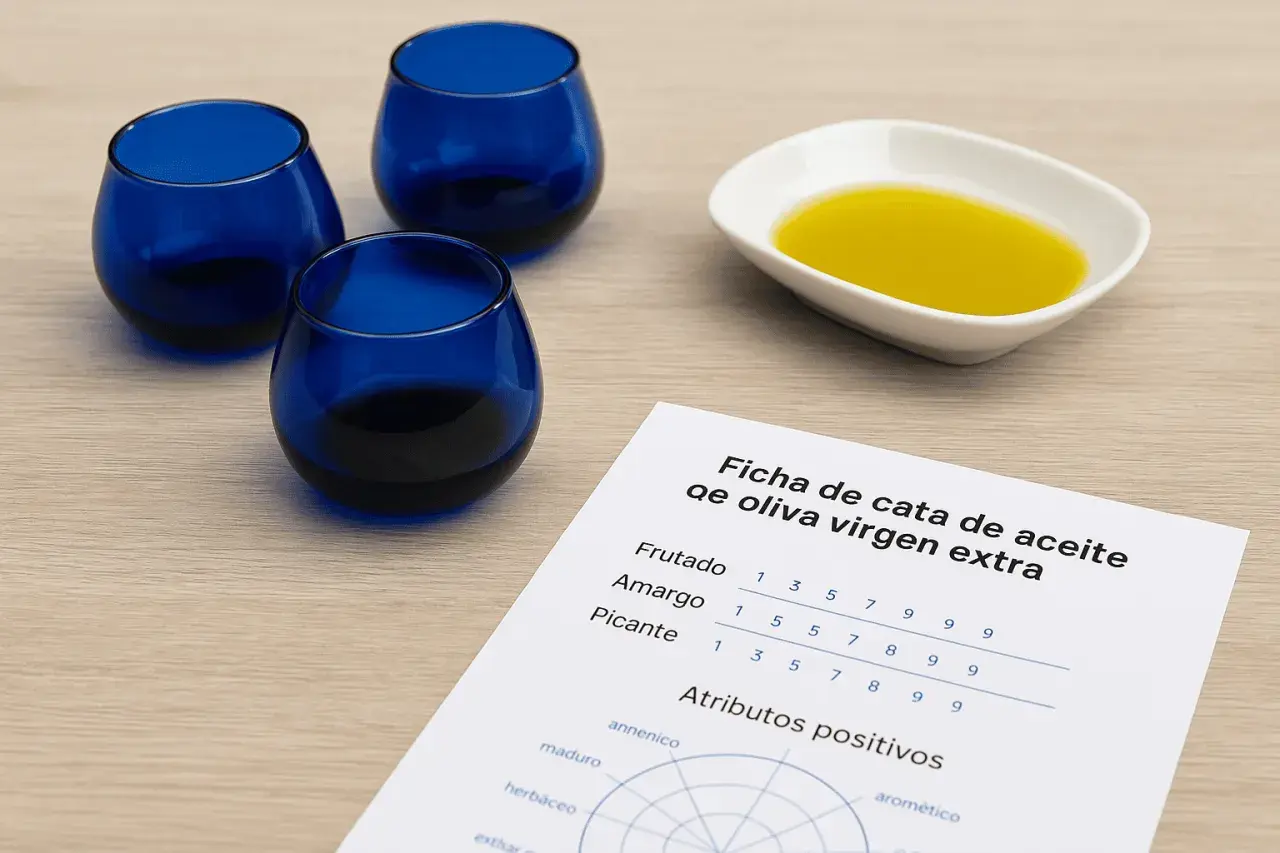 Ficha de cata de aceite de oliva virgen extra con vasos azules y aceite en una cuenco.