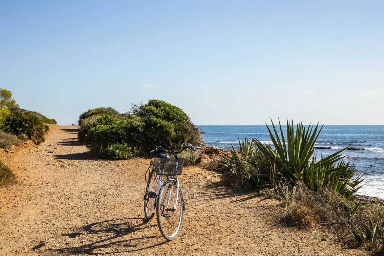 Bicicleta blanca en un camino de tierra junto al mar. El sol ilumina la escena, creando sombras alargadas. Parece que la renega ha dejado su bici para disfrutar de la brisa marina.