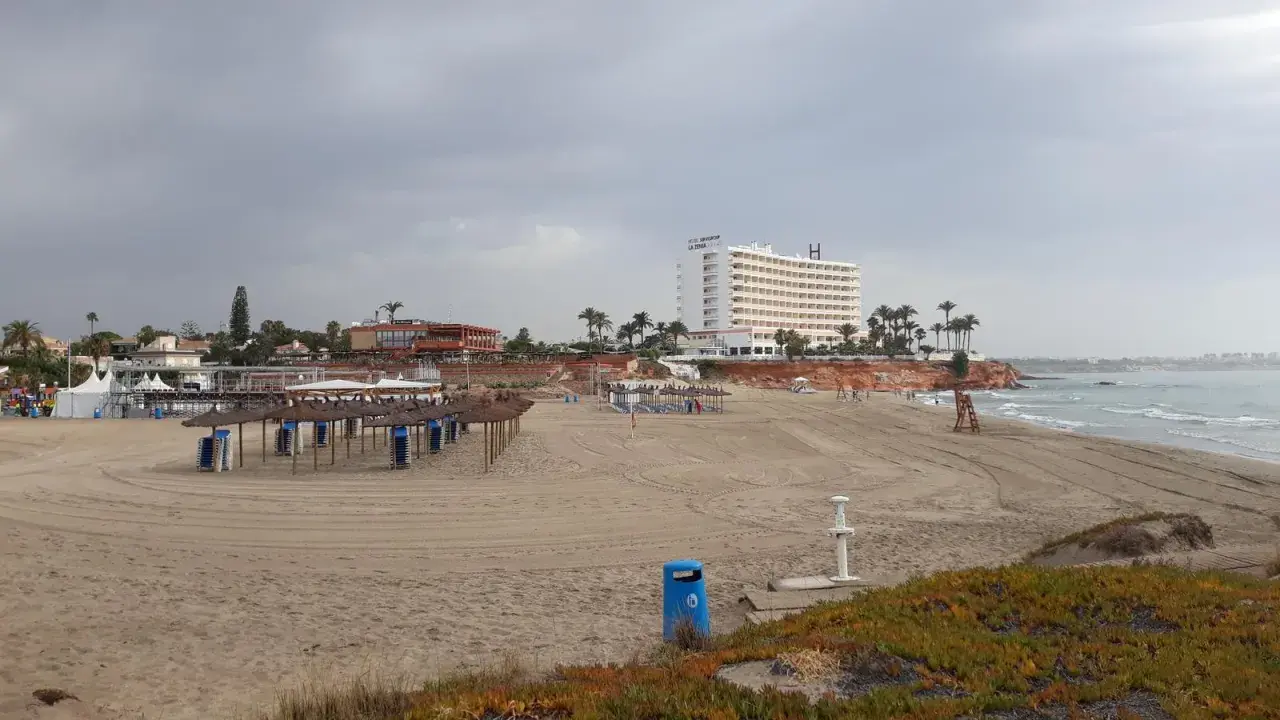 Playa con sombrillas y tumbonas preparadas. Al fondo, un hotel blanco y edificios costeros. El mar se ve tranquilo bajo un cielo nublado. Un día perfecto para disfrutar de la cala del bosque.