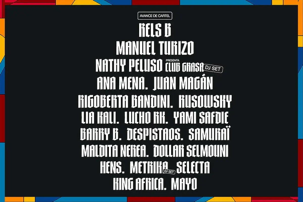 Cartel de festival con nombres de artistas como Rels B, Manuel Turizo y Nathy Peluso. ¡Prepárate para un big sound valencia!