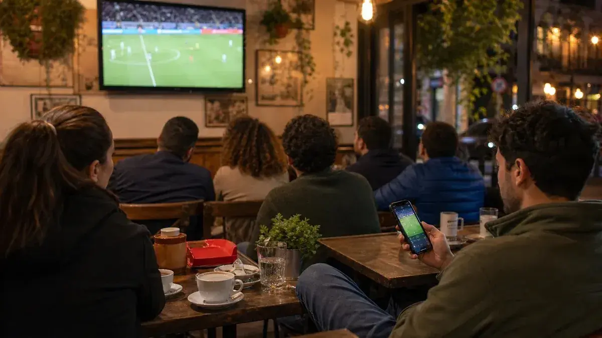 Aficionados viendo fútbol en un café y consultando contenido desde el móvil