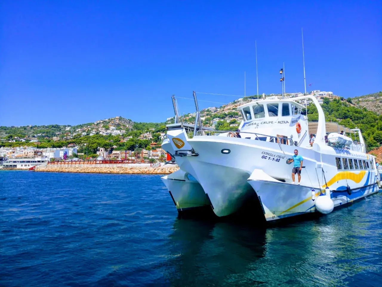 Catamarán "Estrella Fugaz" en el puerto de Dénia, con la costa y el monte al fondo.