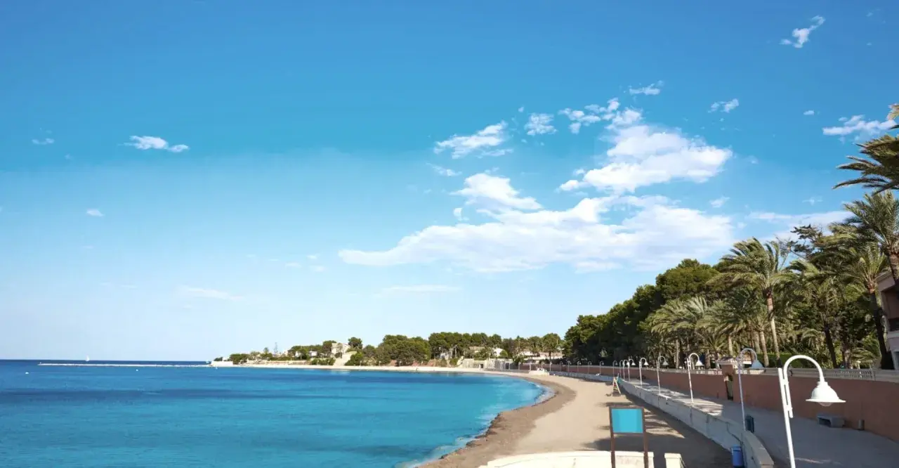 La playa de la Marineta Casiana, con su arena dorada y aguas turquesas, invita a un paseo tranquilo bajo un cielo azul salpicado de nubes. Palmeras y pinos bordean el paseo marítimo.