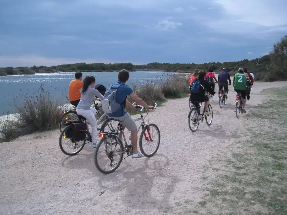 Grupo de ciclistas pedaleando por un camino de tierra junto a la albufera de Valencia. El cielo está nublado y el agua refleja la luz.