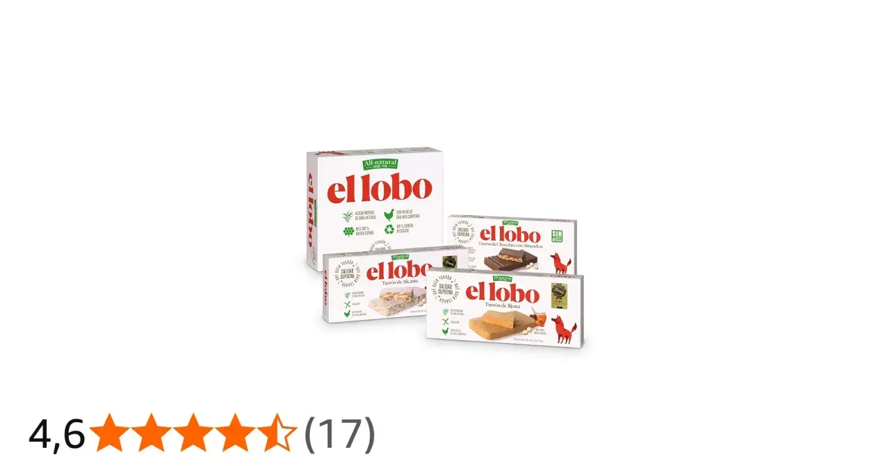 Cajas de turrón "El Lobo": turrón de Jijona, turrón de Alicante y turrón de chocolate con almendras.