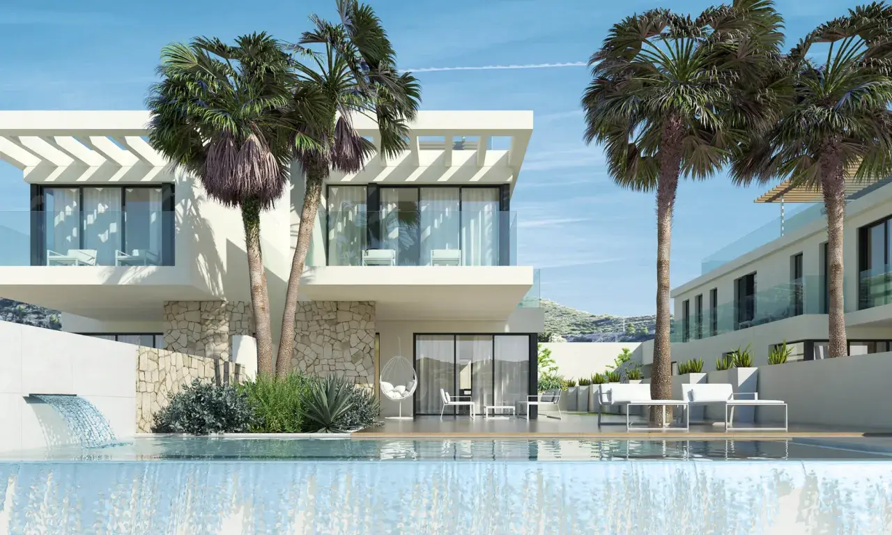Modern villas con piscina y palmeras, parte del Font del Llop Golf Resort.