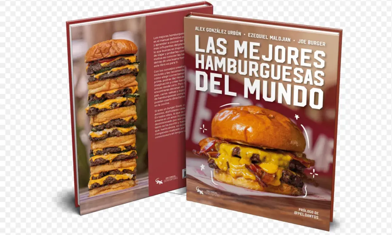 Libro "Las Mejores Hamburguesas del Mundo" con una torre de hamburguesas y una hamburguesa individual. ¡Un festín para los amantes de la hundred burger!