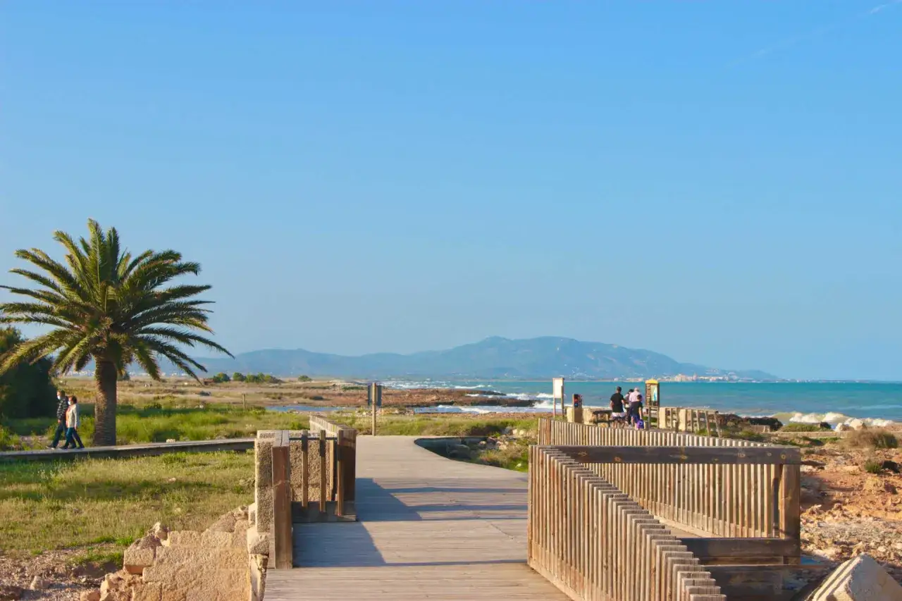 Paseo marítimo de madera cerca de la torre la sal, con palmera, mar y montañas al fondo.