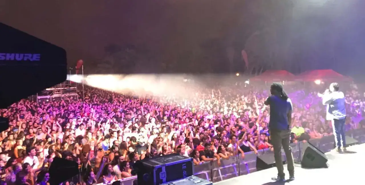 Multitud vibrante en la feria de julio de Valencia, disfrutando de un concierto bajo luces de neón.