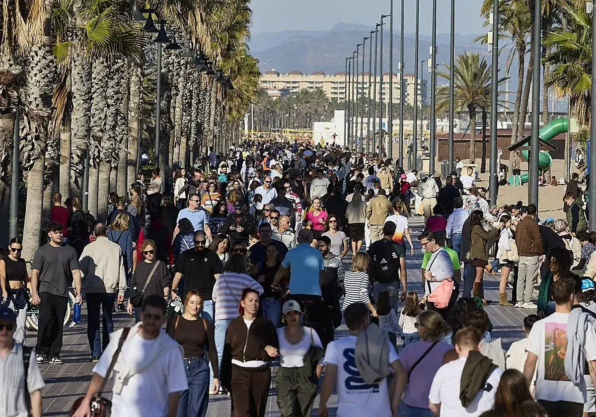 Multitud paseando por el paseo marítimo de Valencia, con palmeras a ambos lados y edificios al fondo.