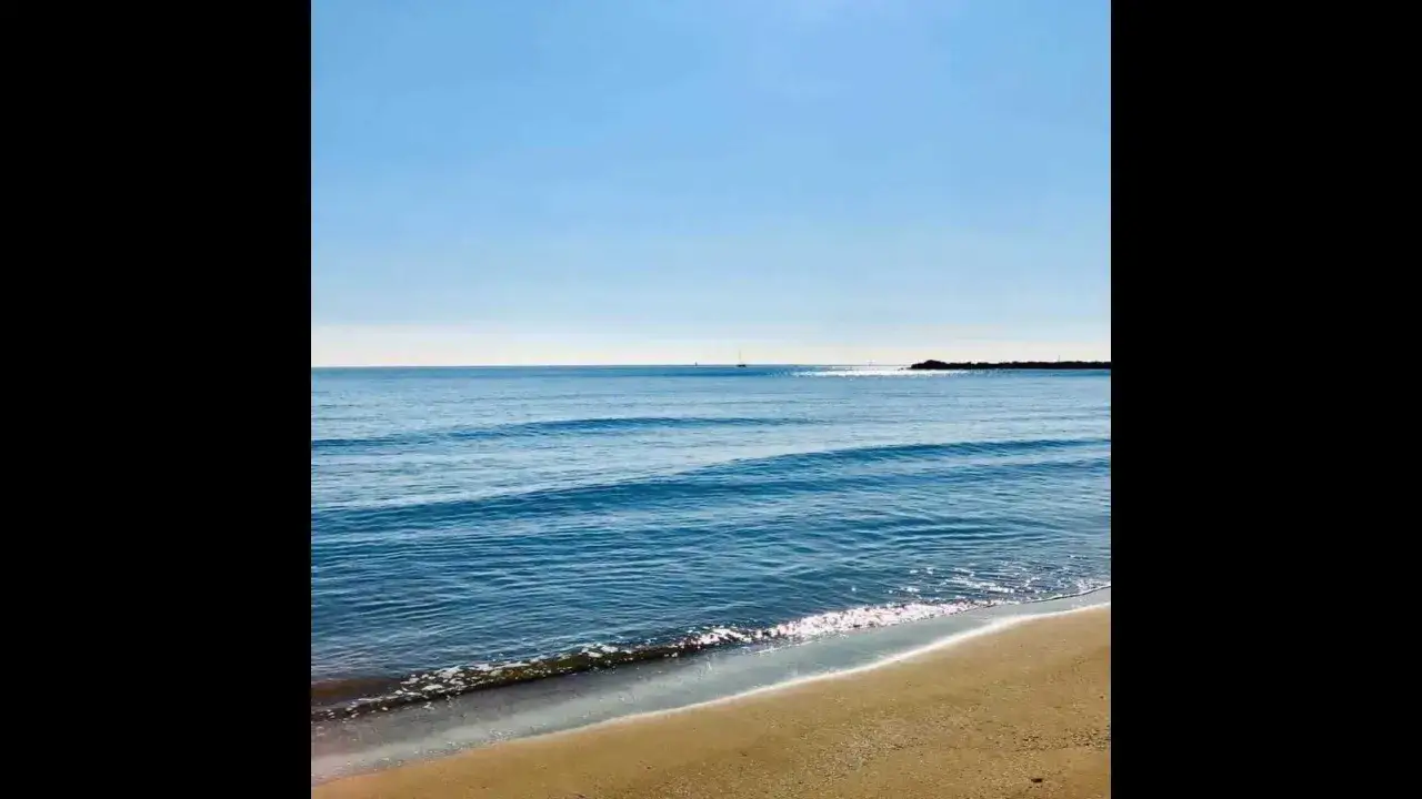 Olas suaves acarician la arena dorada de la playa del Puig bajo un cielo azul despejado. Un velero navega en la distancia.