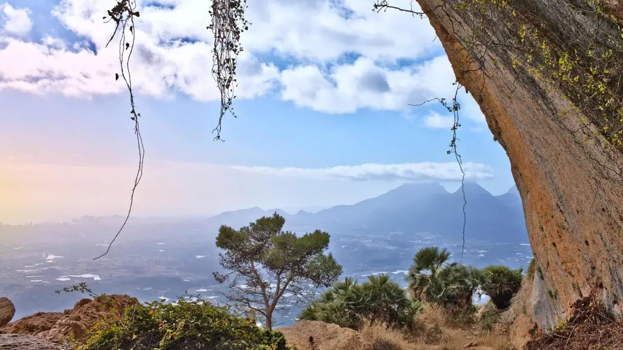 Vista desde el Forat de Bernia, con vegetaci&oacute;n colgante y un paisaje monta&ntilde;oso al fondo.