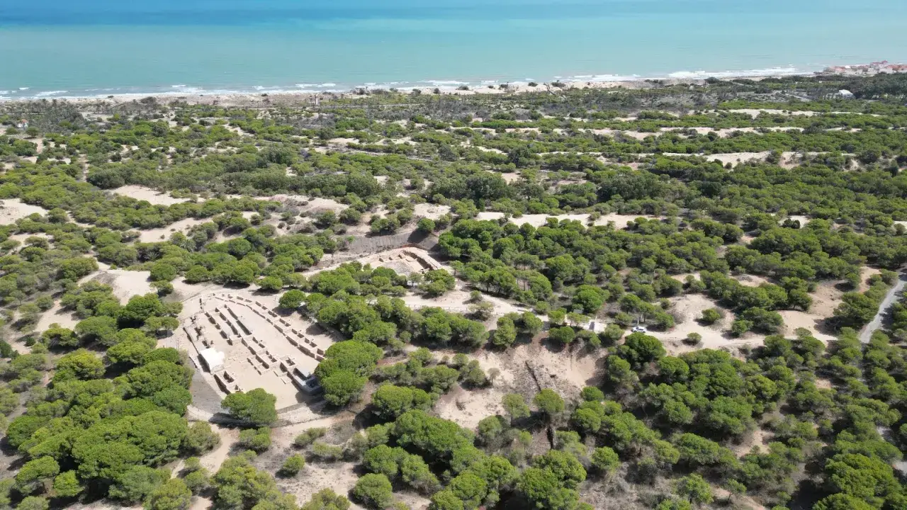 Ruinas antiguas en la playa los viveros, rodeadas de pinos y con el mar azul al fondo.