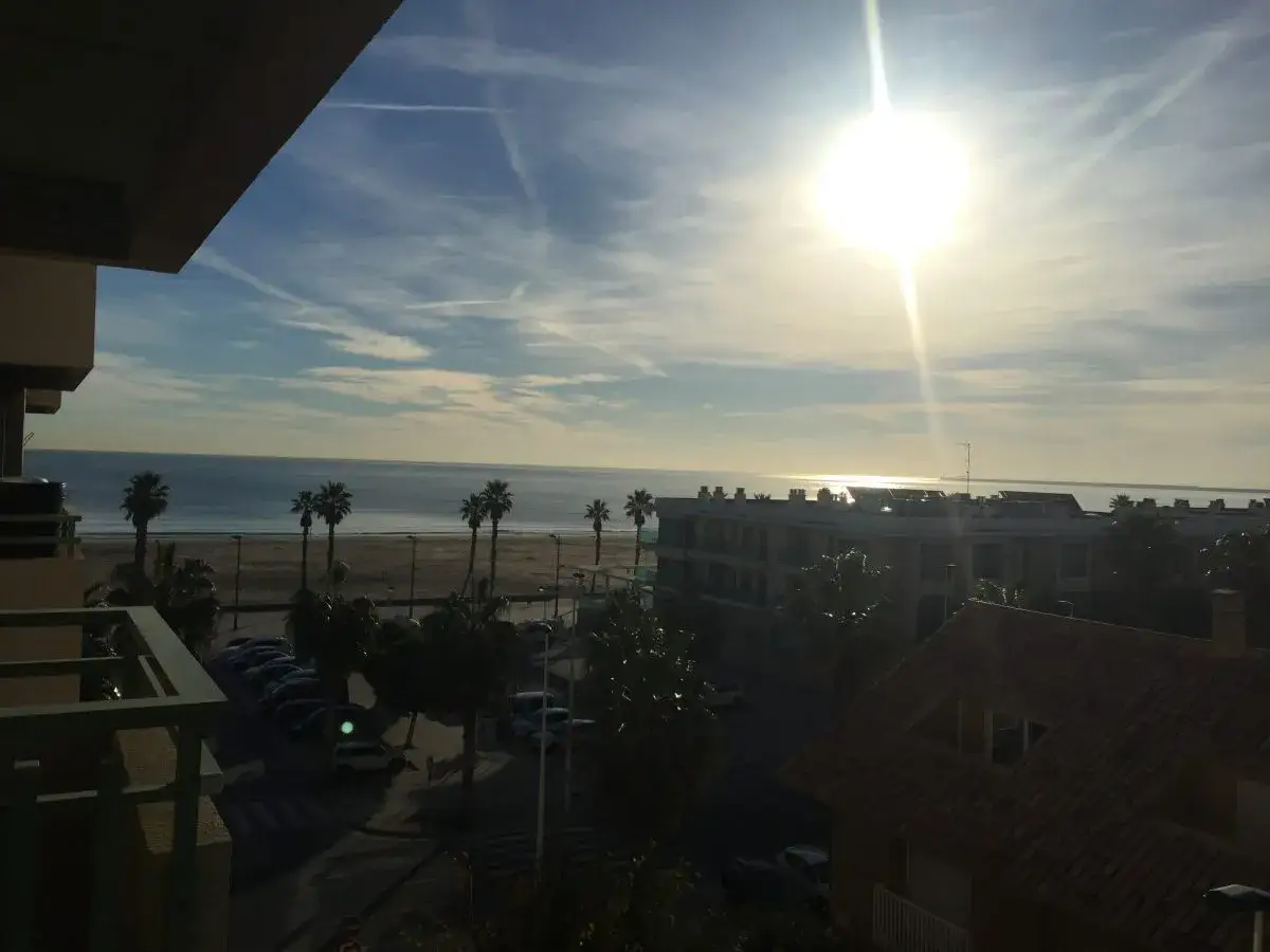 Vista desde la webcam Patacona: sol brillante sobre el mar, playa, palmeras y edificios.