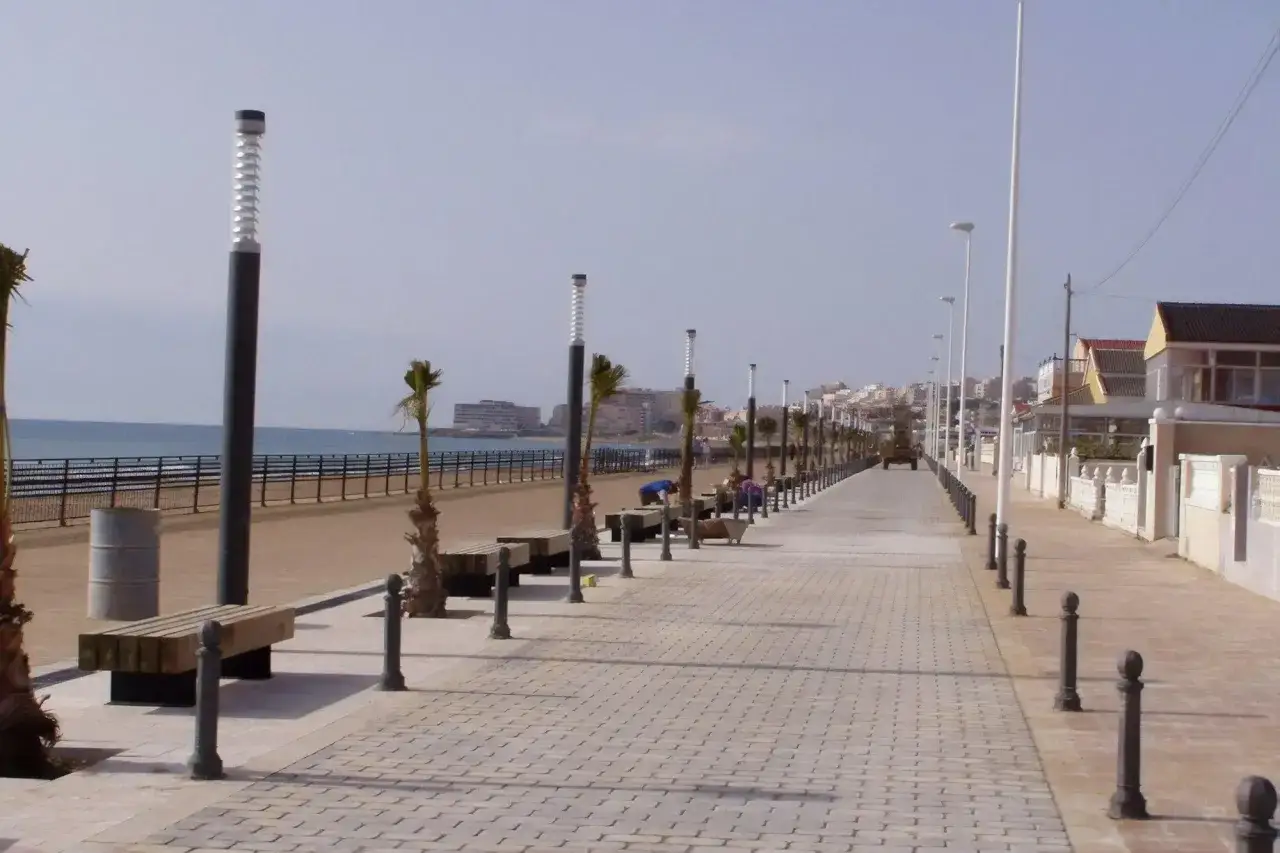 Paseo marítimo de la playa de la Mata con palmeras, bancos y farolas. Al fondo, el mar y edificios.
