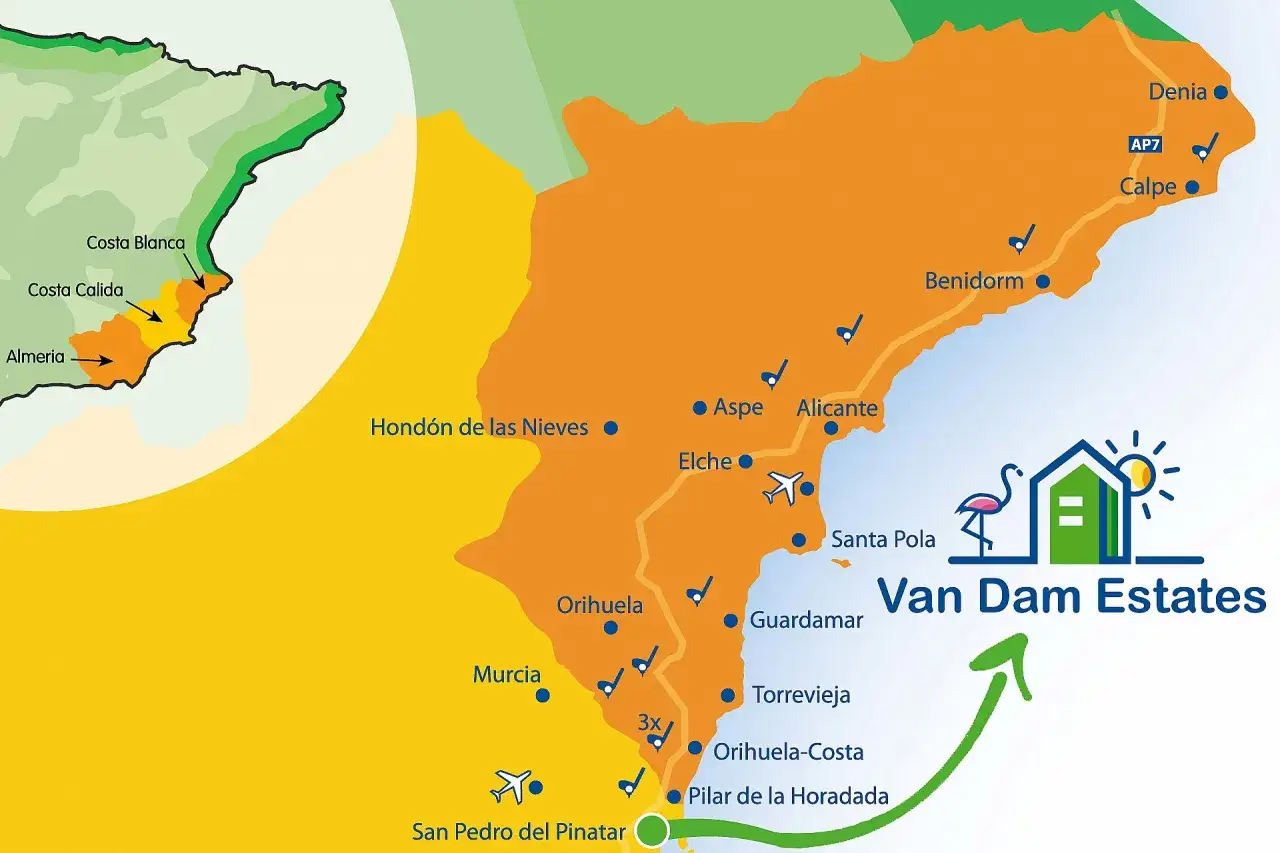 Mapa de la costa blanca, mostrando Denia, Benidorm, Alicante y Torrevieja. Van Dam Estates.