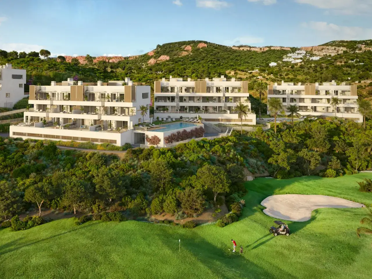 Modern apartments with pool overlook a golf course at Font del Llop Golf Resort. A golfer practices on the green.