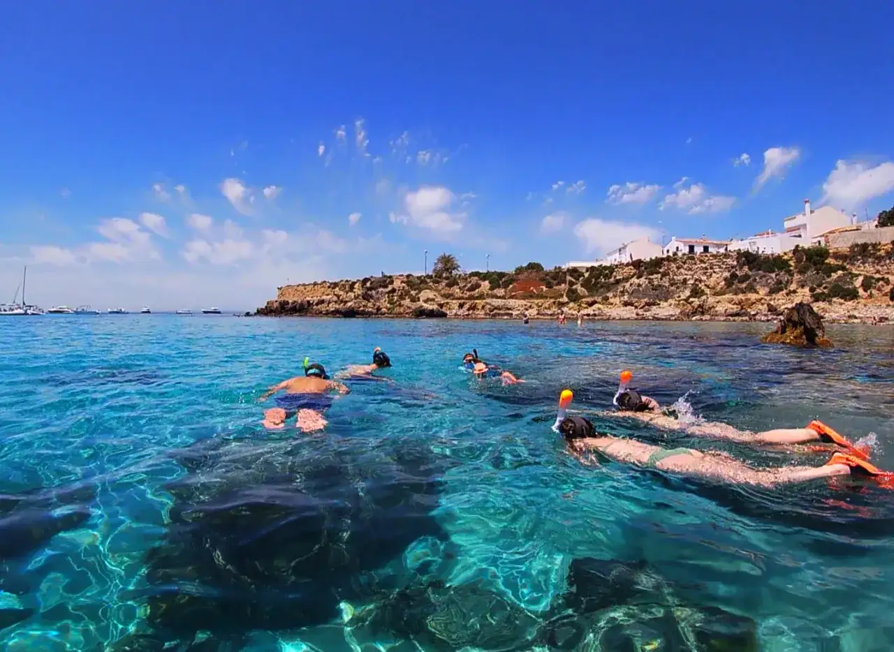 Gente haciendo snorkel en las aguas cristalinas de la isla Tabarca, con la costa rocosa y casas blancas al fondo.