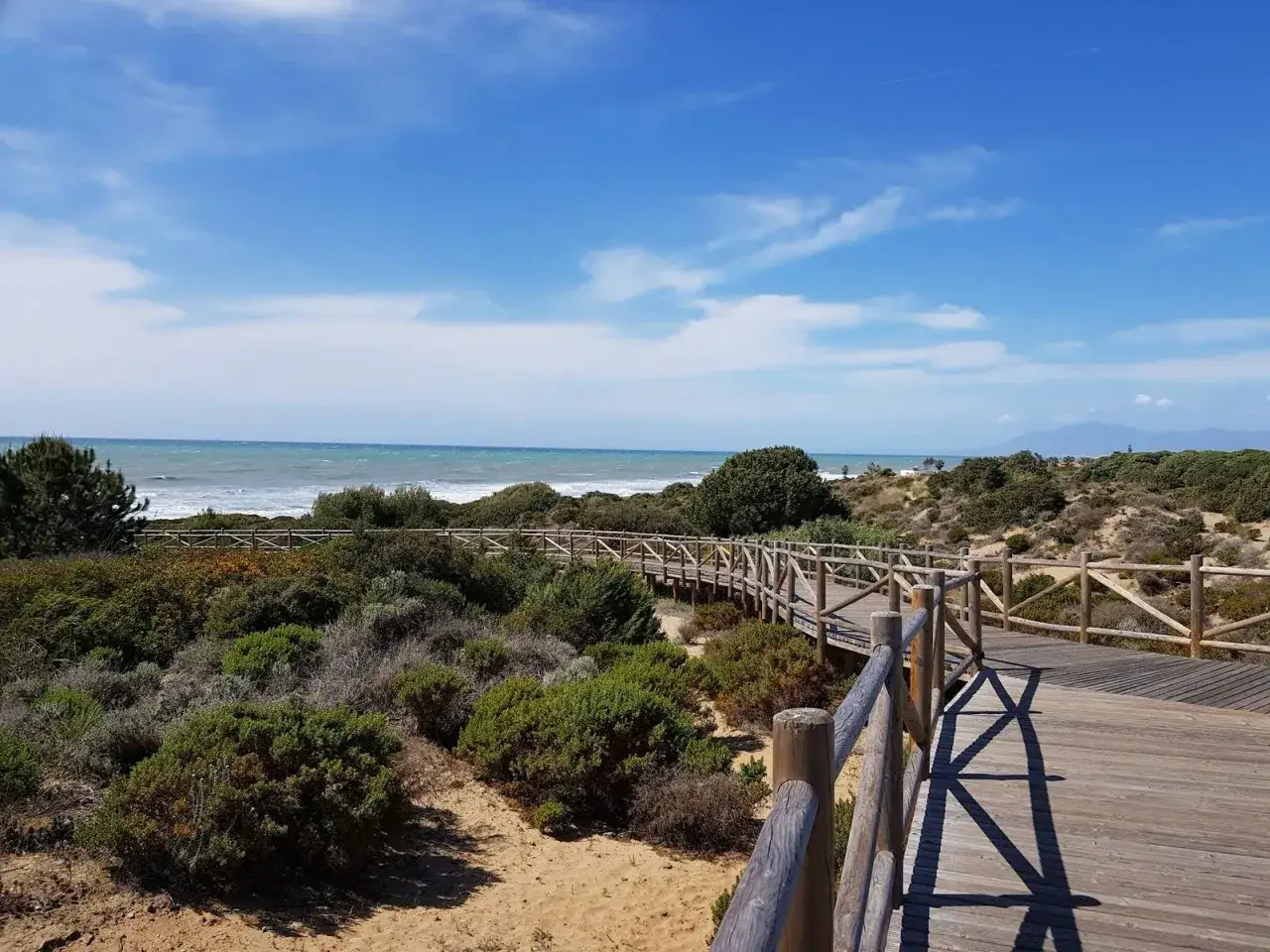 Pasarela de madera serpentea entre dunas y vegetación hacia la playa el pinet. El mar azul y el cielo con nubes completan la escena.