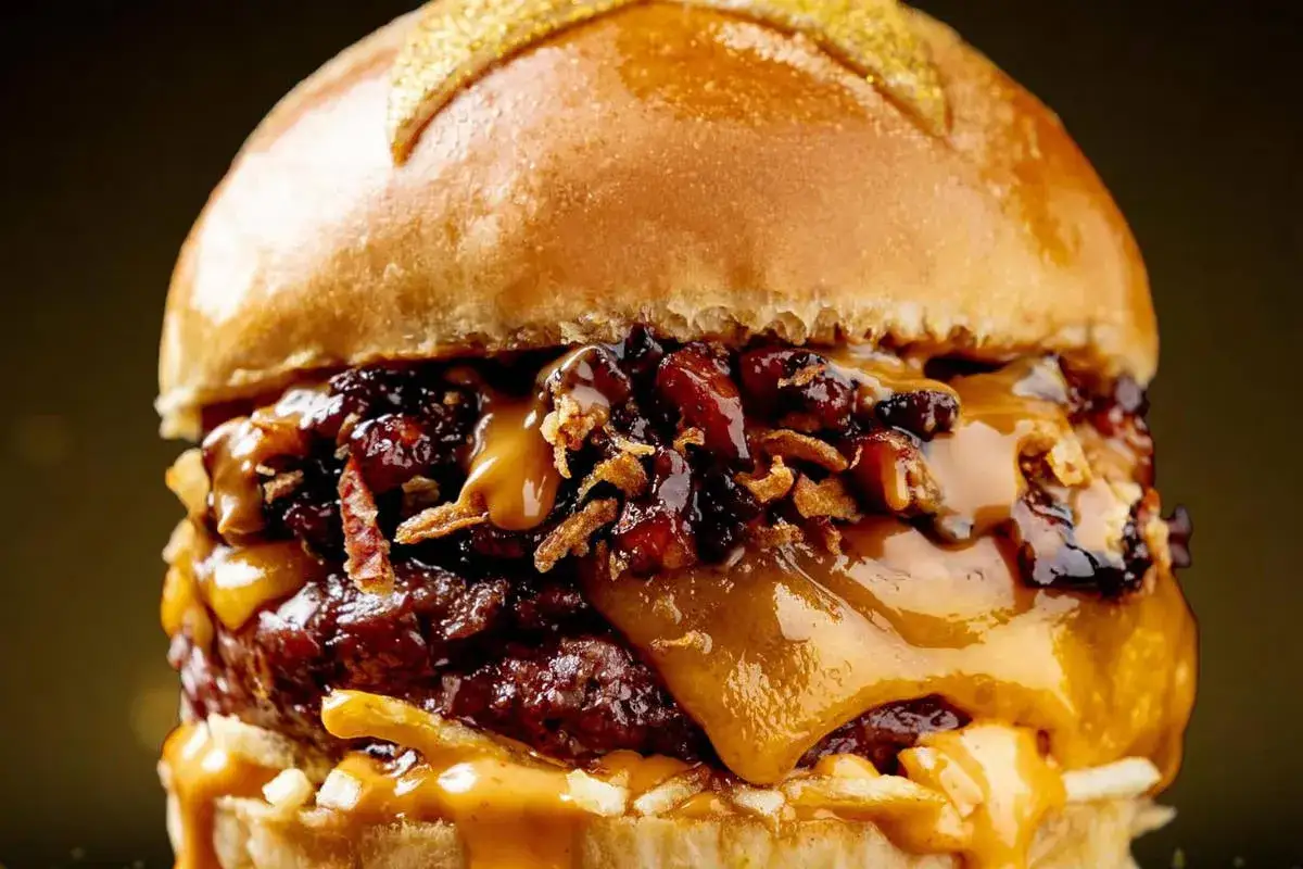Un jugoso hundred burger con queso derretido, tocino crujiente y salsa barbacoa, coronado con un pan dorado con brillo.