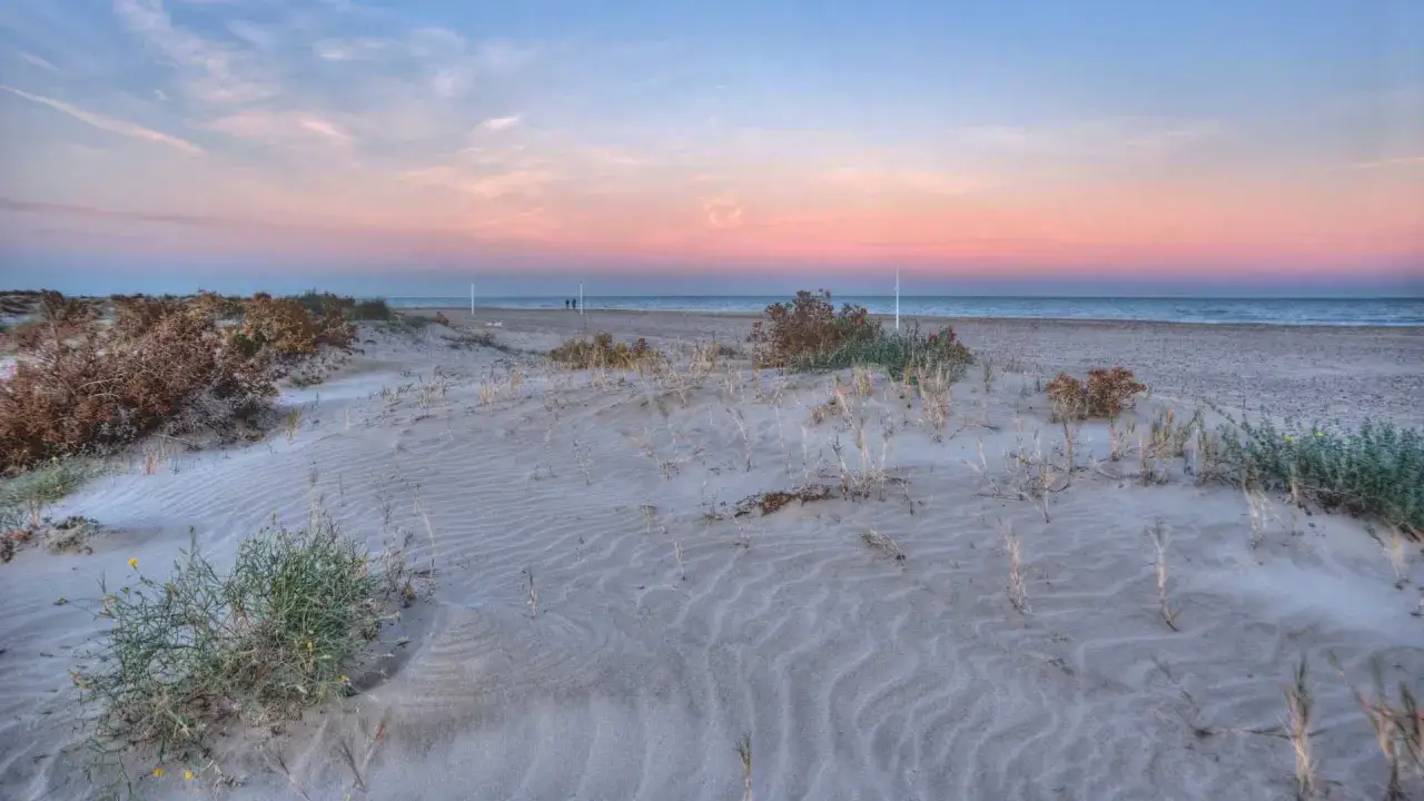 Dunas de arena con vegetación escasa y el mar al fondo, bajo un cielo teñido de rosa y azul. Un paseo tranquilo por la playa Almarda.