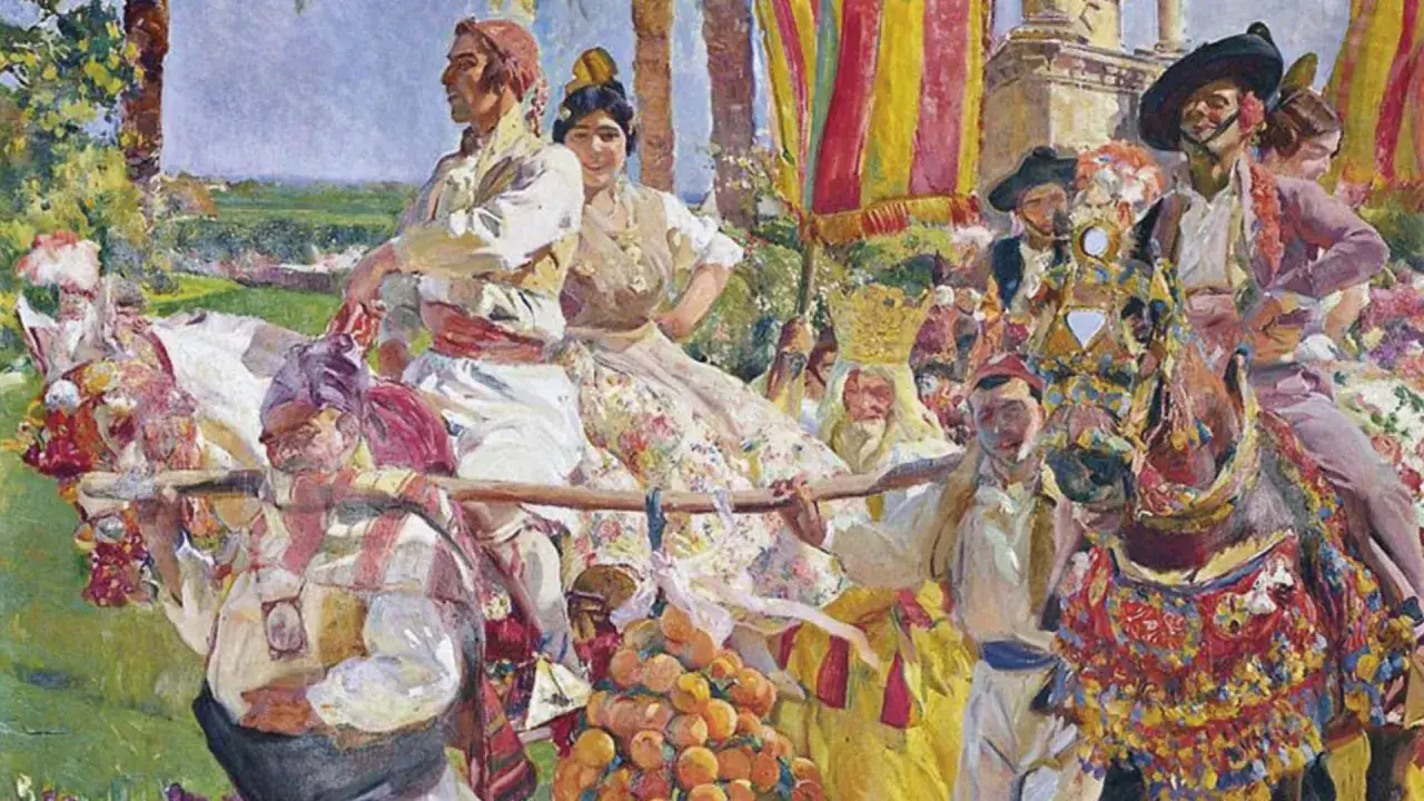 Pintura de Sorolla en el Museo Sorolla Valencia: gente en un carro adornado con flores y naranjas, celebrando una fiesta.