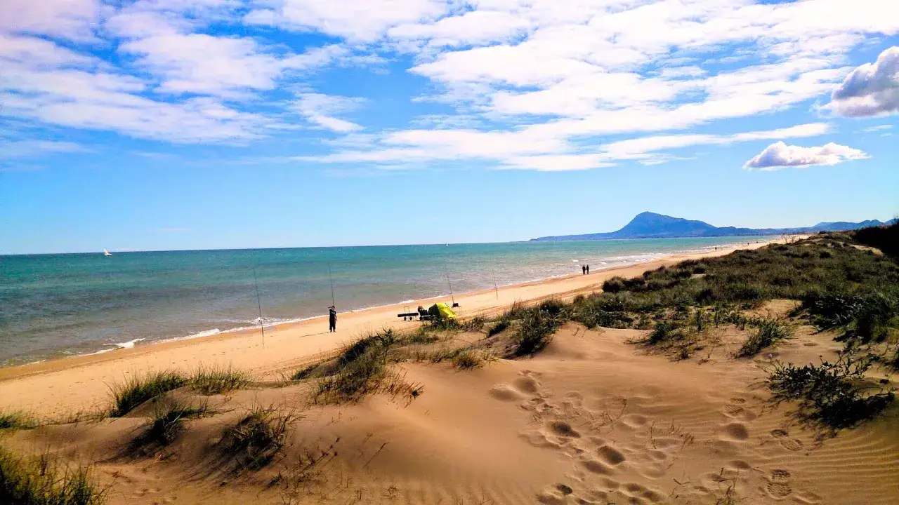 La playa de la Devesa del Saler, con dunas y vegetación, invita a pescar y pasear junto al mar azul bajo un cielo nublado.